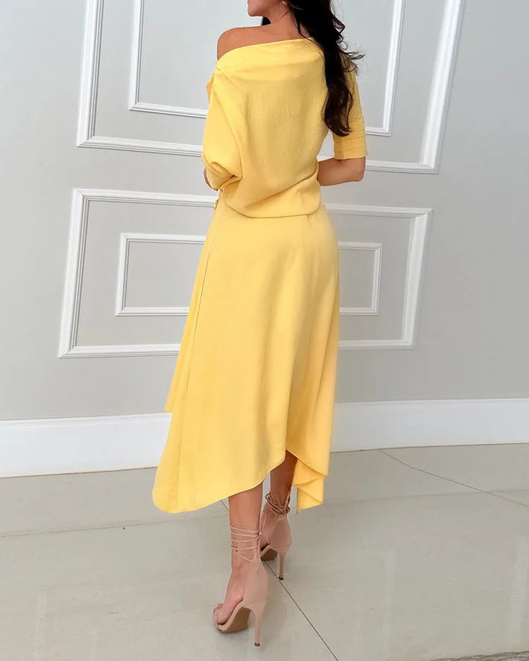 Solid Color Off-Shoulder Long-Sleeved Two-Piece Suit