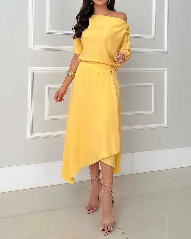 Solid Color Off-Shoulder Long-Sleeved Two-Piece Suit