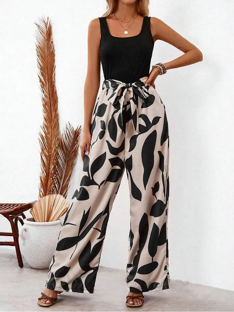 Elegant Sexy Jumpsuit with Floral Print and Wide Leg Trousers