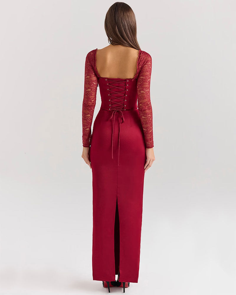 ISABELLA: Elegant Burgundy Dress with Long Sleeves and Square Neckline