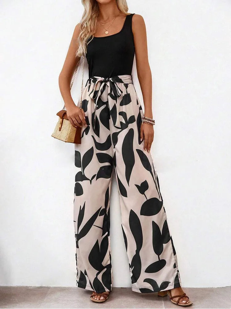 Elegant Sexy Jumpsuit with Floral Print and Wide Leg Trousers