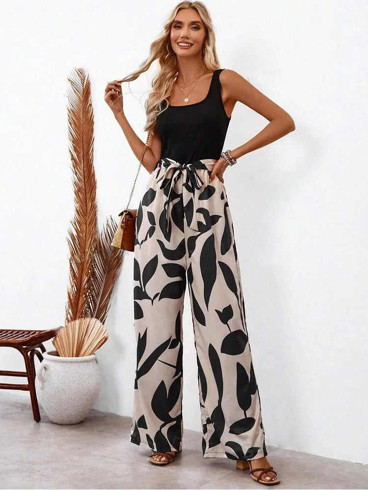 Elegant Sexy Jumpsuit with Floral Print and Wide Leg Trousers