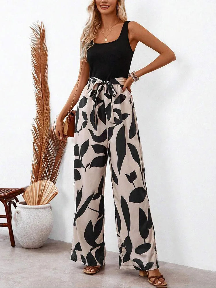 Elegant Sexy Jumpsuit with Floral Print and Wide Leg Trousers