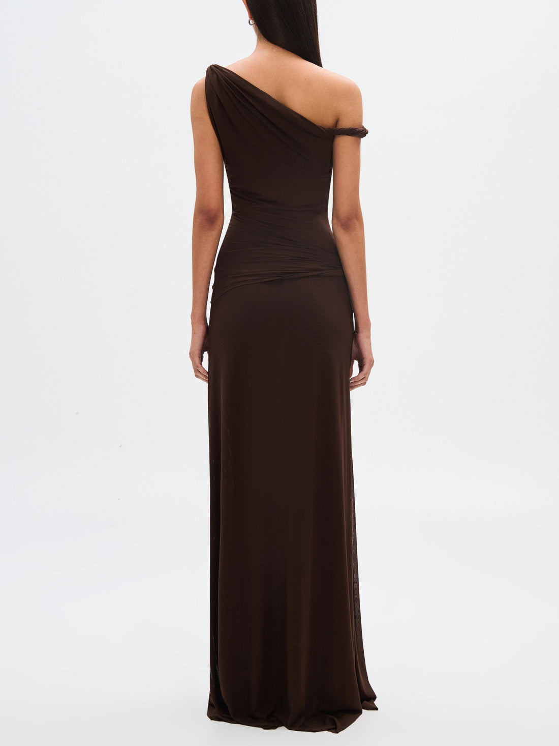 Elena - Espresso Draped Mesh Maxi Dress