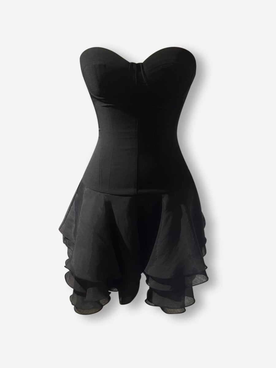 WILLOW - Black Corset Chiffon Flared Mini Dress