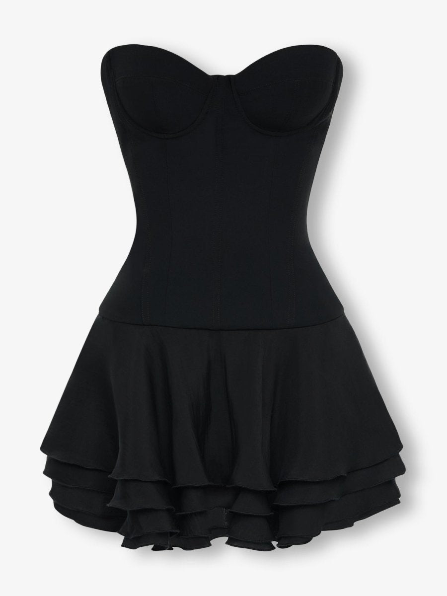 WILLOW - Black Corset Chiffon Flared Mini Dress