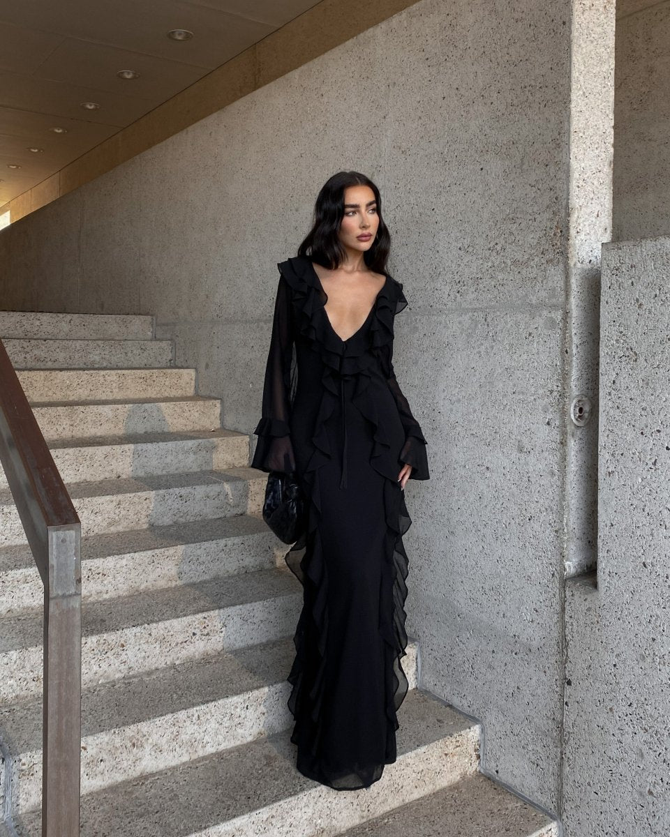 AUDREY - Black Ruffle Long Sleeve Maxi Dress
