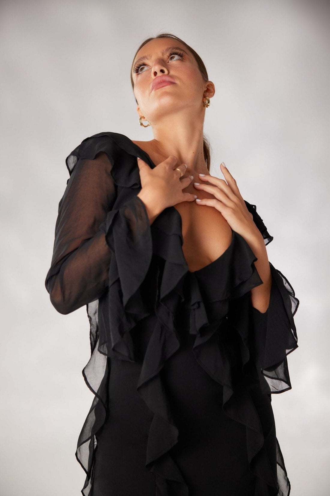 AUDREY - Black Ruffle Long Sleeve Maxi Dress