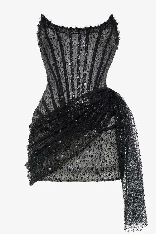 ANGIE - Black Sequin Corset Draped Strapless Mini Dress