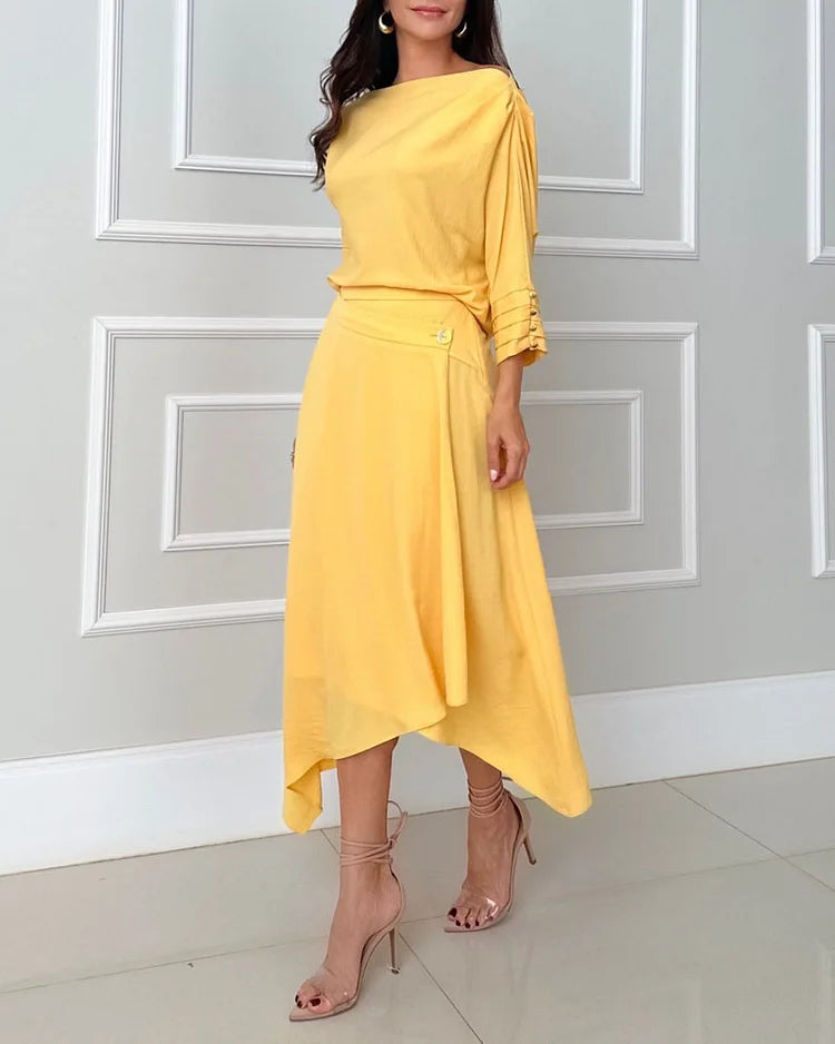 Solid Color Off-Shoulder Long-Sleeved Two-Piece Suit