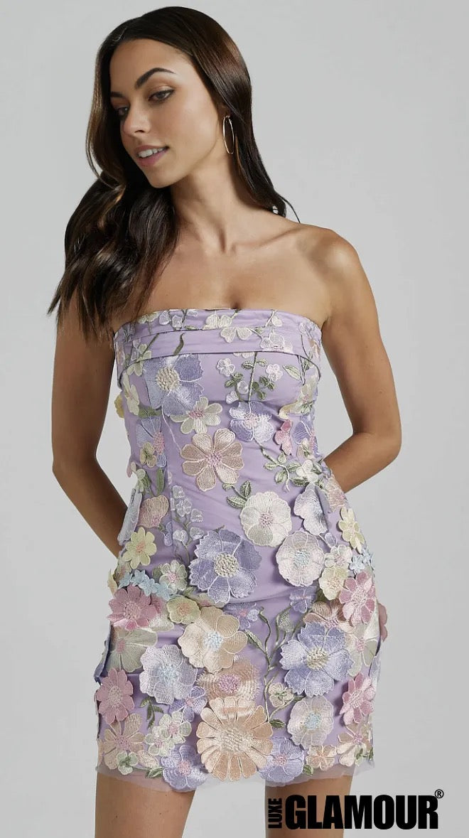 Wren Mini Dress – Strapless Bodycon Garden Flowers Dress