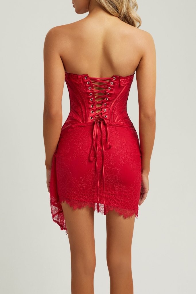 NAOMI - Red Lace Mesh Corset Drape Mini Dress