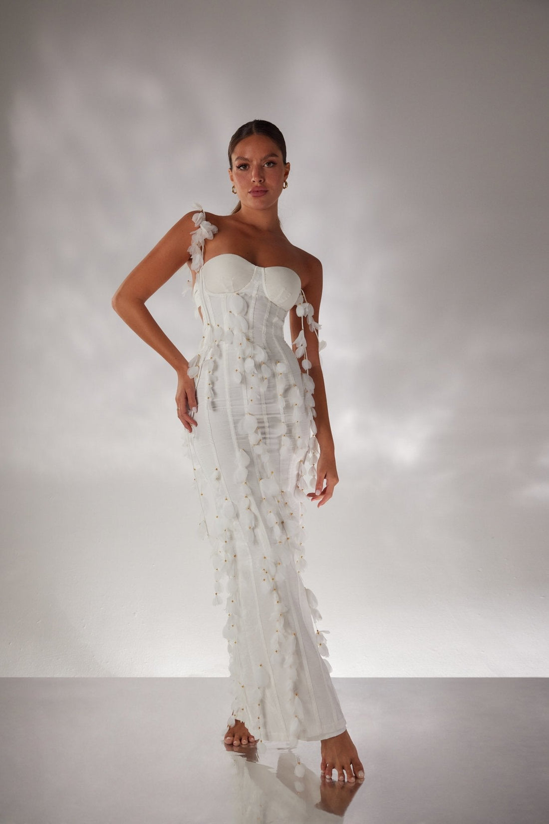 LEIA - White Corset Petal Linen Maxi Dress