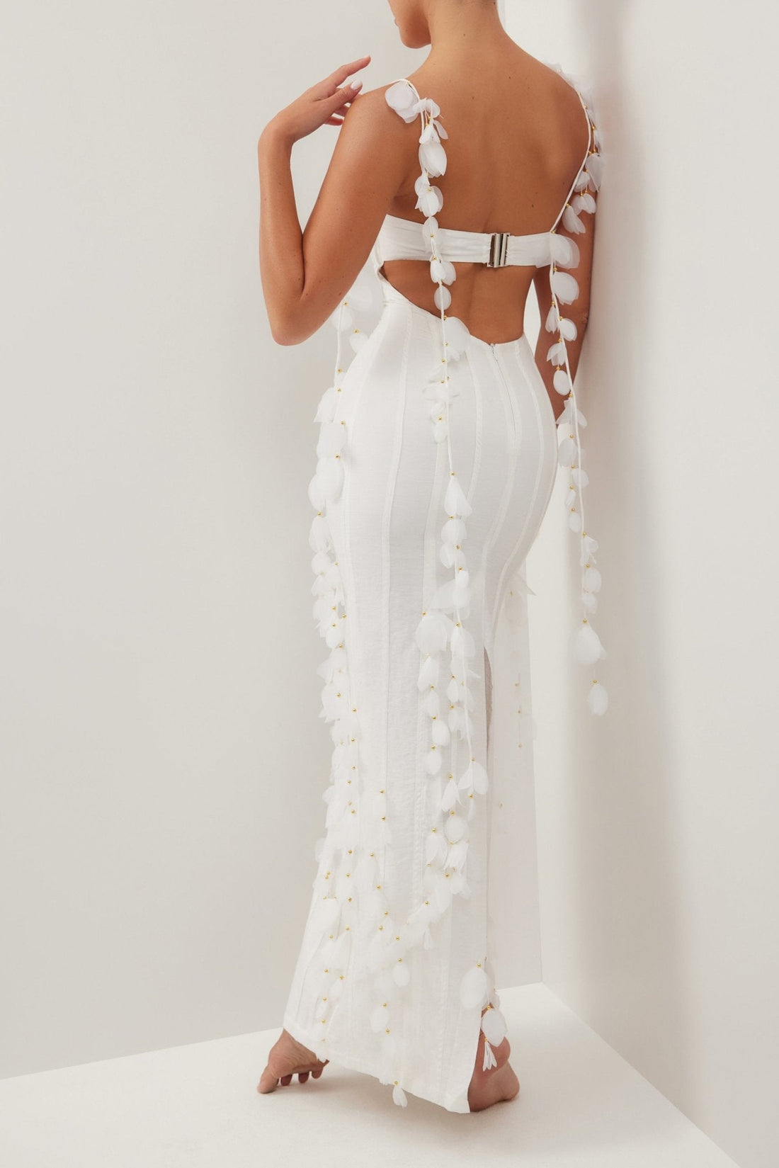 LEIA - White Corset Petal Linen Maxi Dress